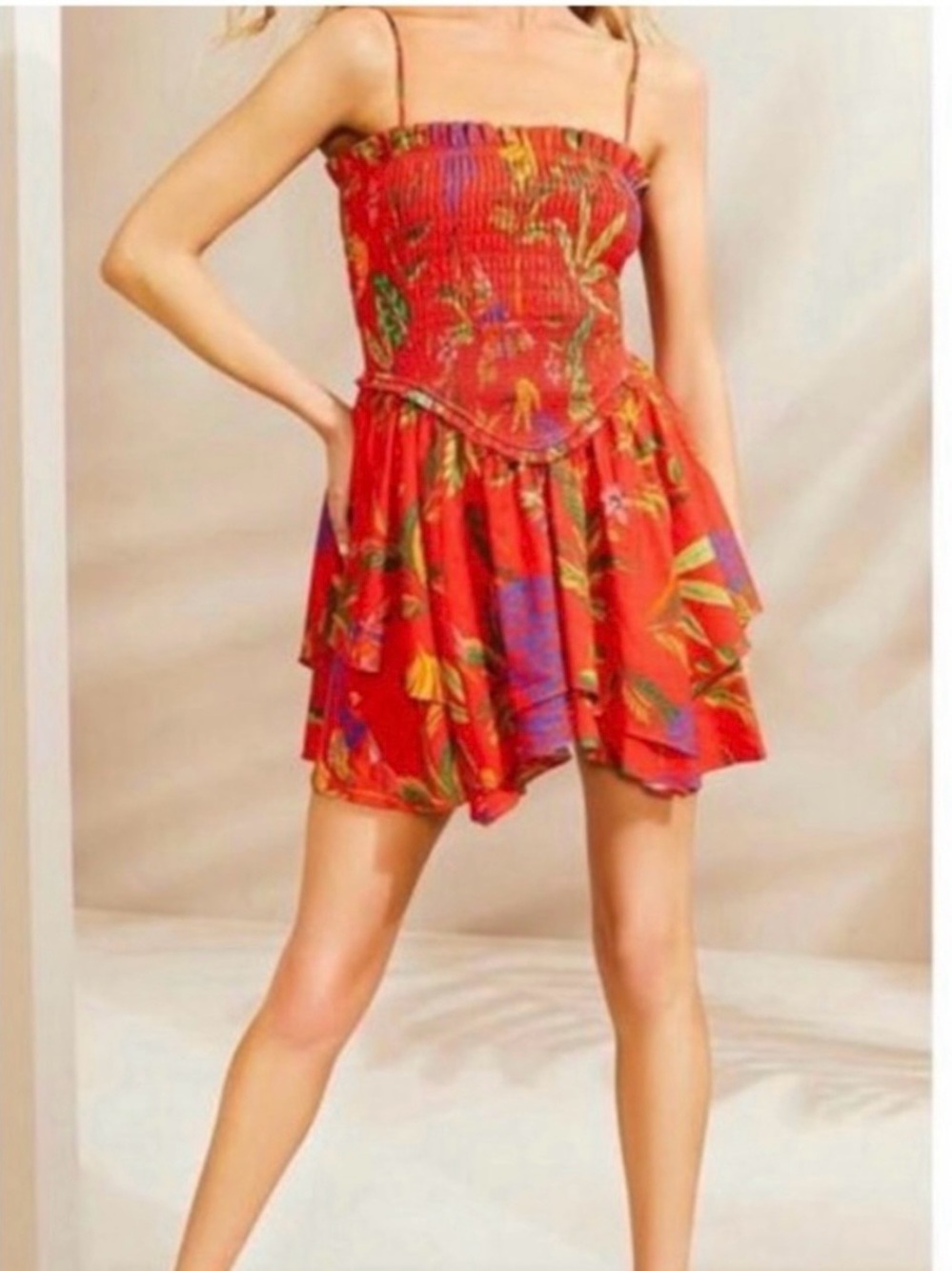 Chelsea & Violet Red Floral Smocked Tiered Mini Dress